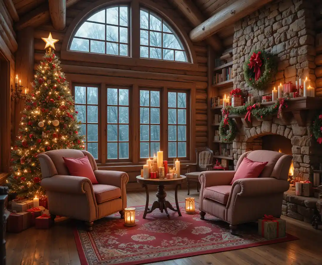 クリスマスツリーと暖炉のある居心地の良い丸太小屋のリビングルーム