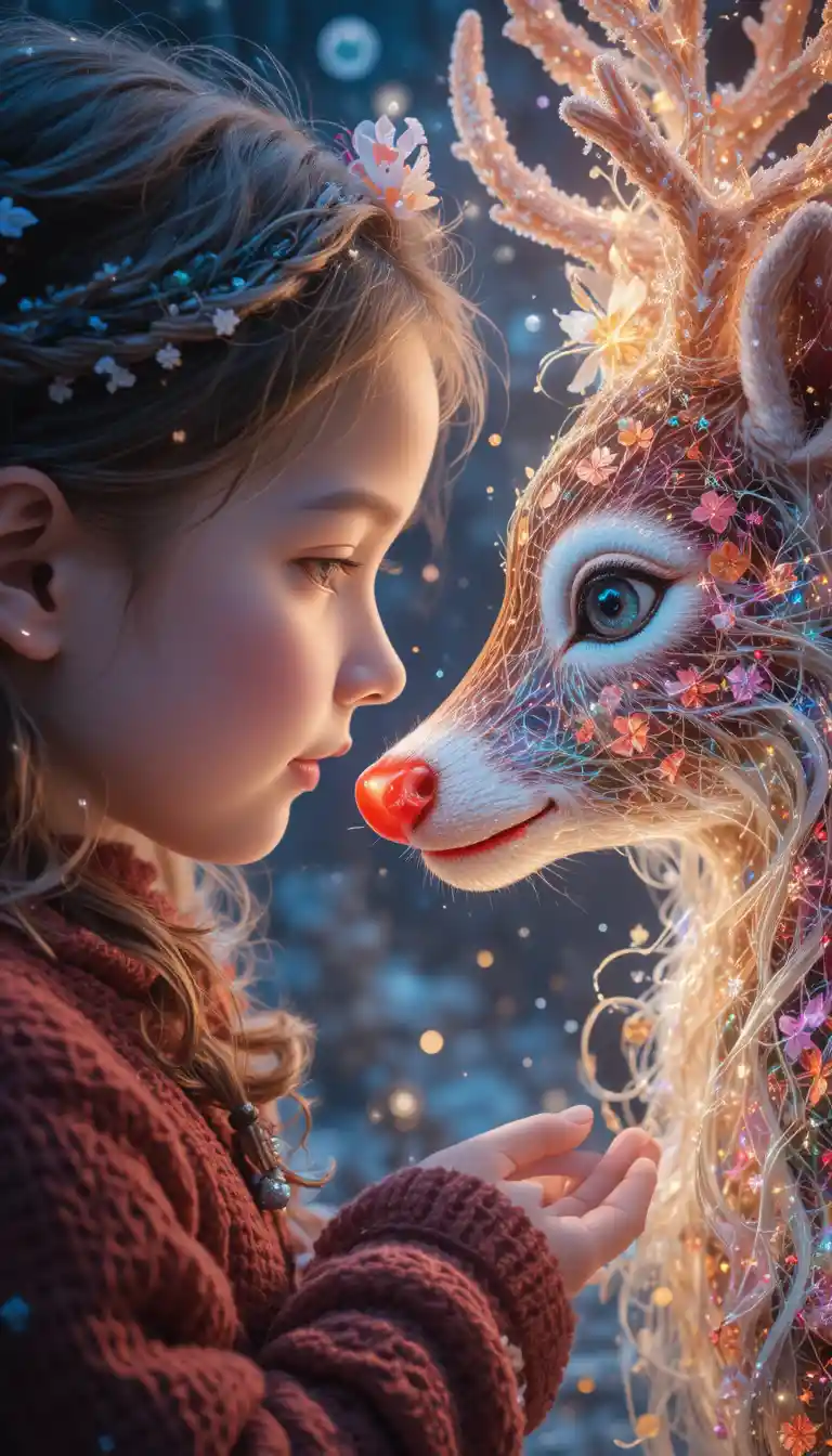 Young girl face to face with glowing Christmas reindeer