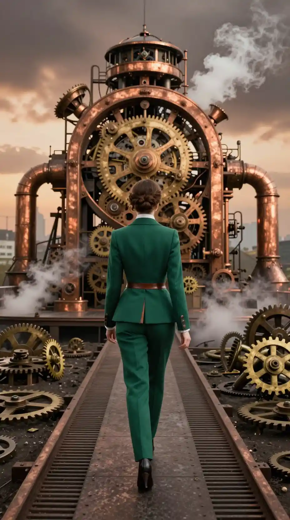 Donna di fronte a una colossale macchina a ingranaggi steampunk al tramonto
