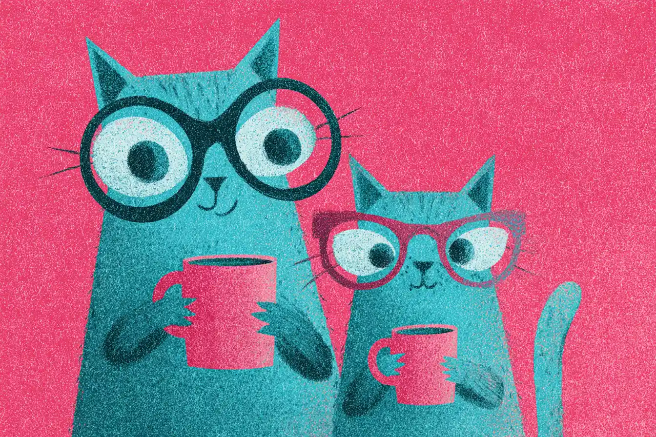 Cartoon parent and child cats sharing drinks in risograph style