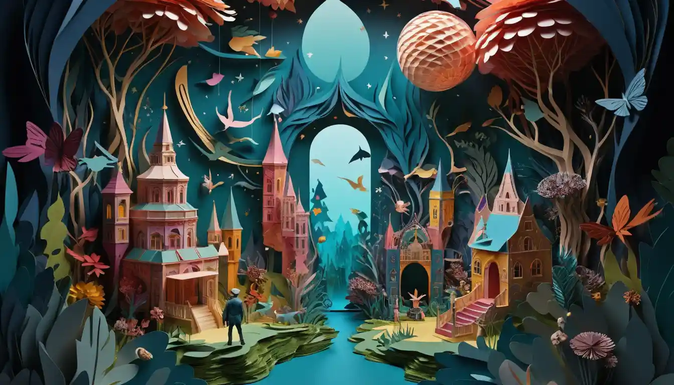 Colorful floating papercraft collage with layered textures