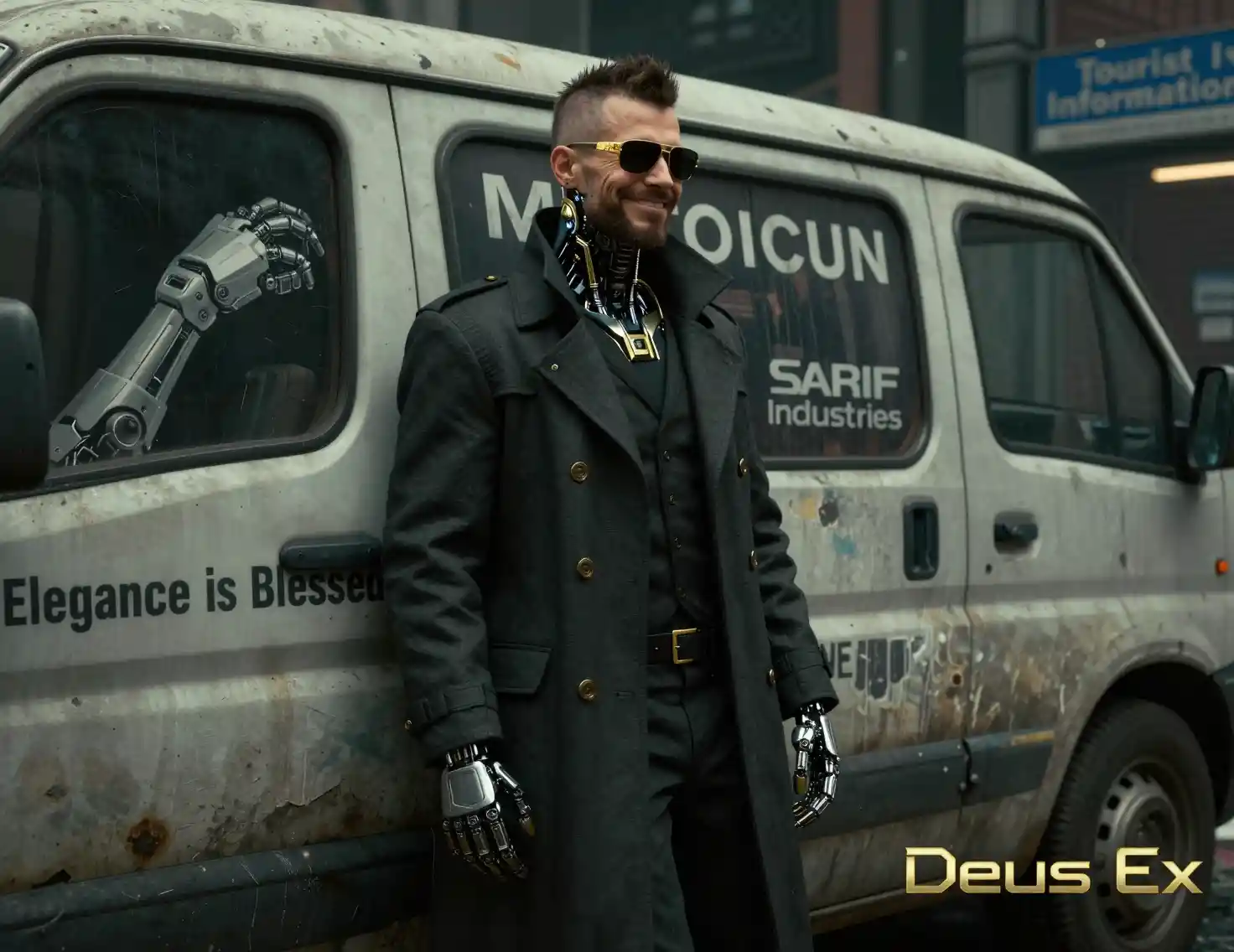 Augmented detective leaning on damaged van in city street