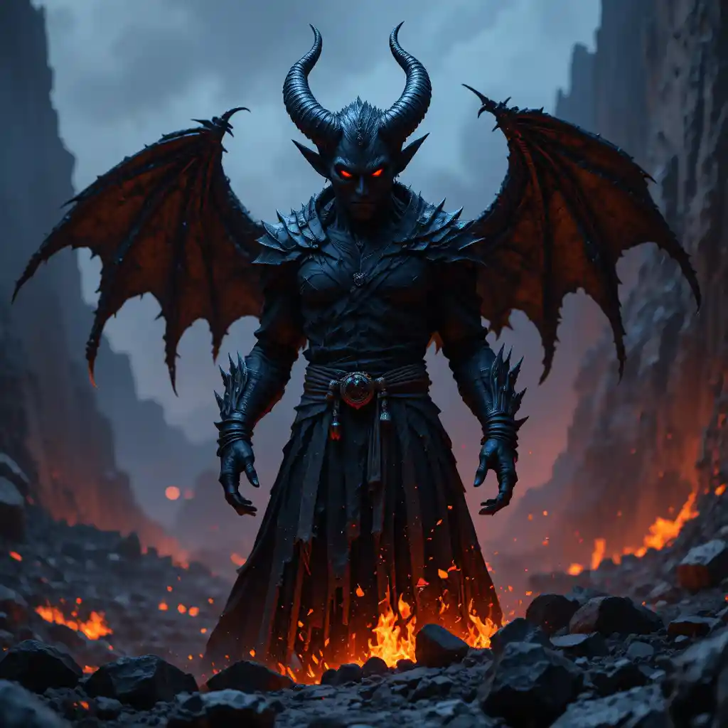 Figura demoniaca che si erge da un paesaggio vulcanico fumante