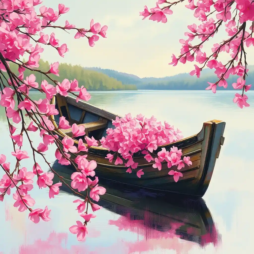 Weathered boat among pink blossoms on a tranquil lake
