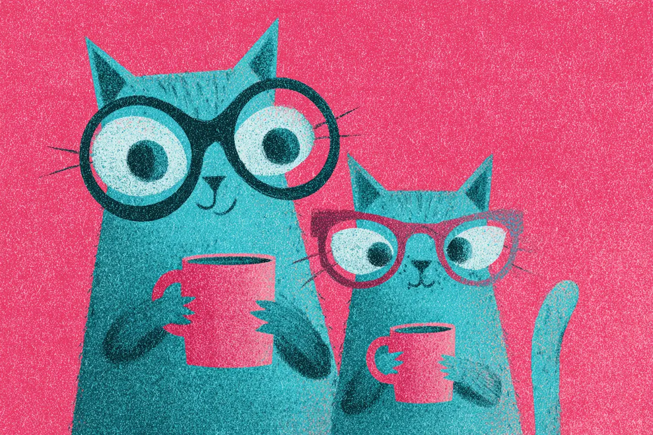 Cartoon parent and child cats sharing drinks in risograph style