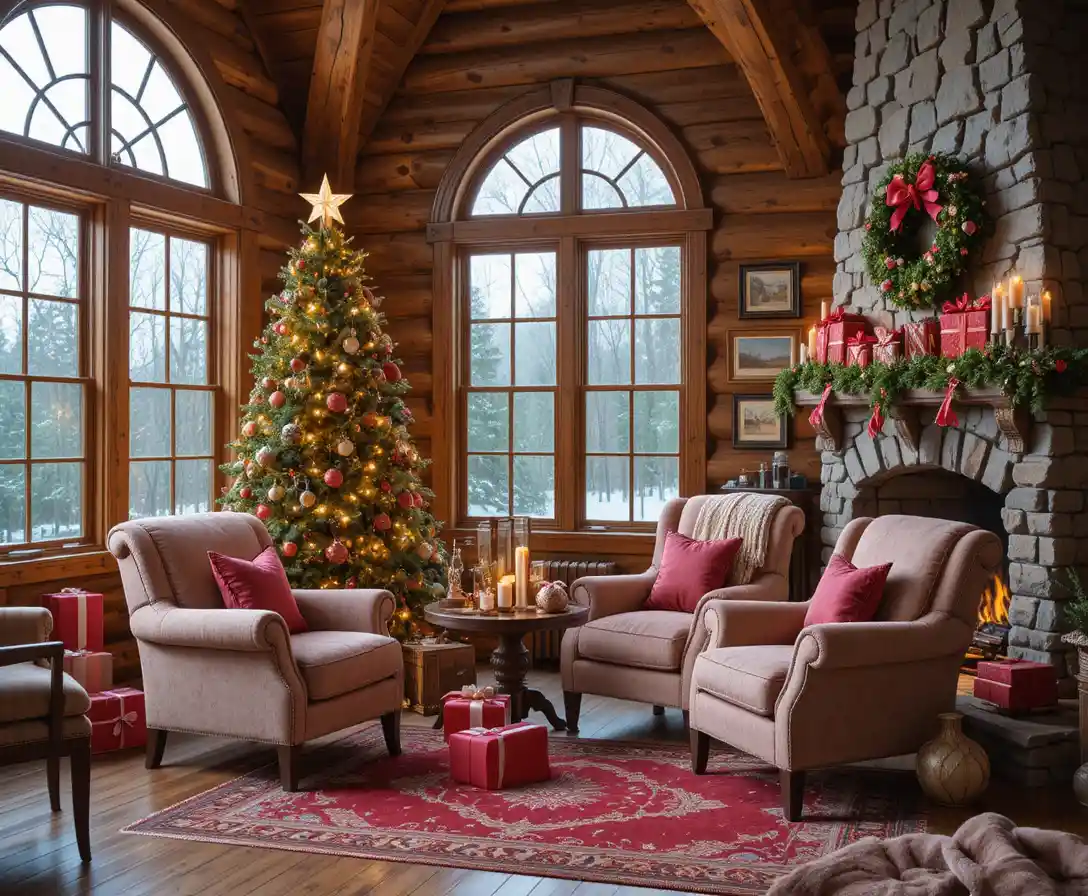 Cozy rustic living room with Christmas tree and fireplace