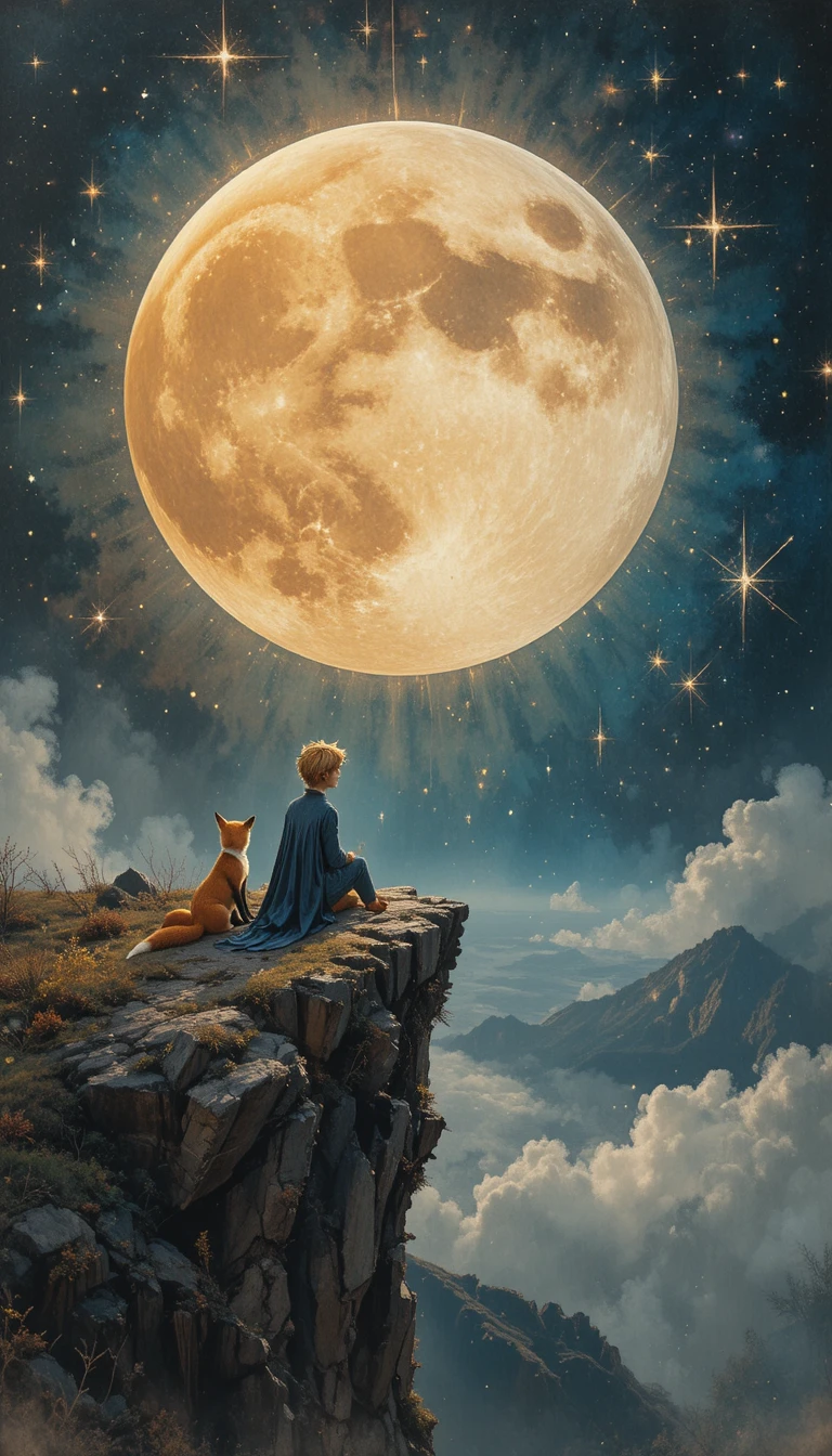 Junge und Fuchs auf einer Klippe unter einem leuchtenden Vollmond