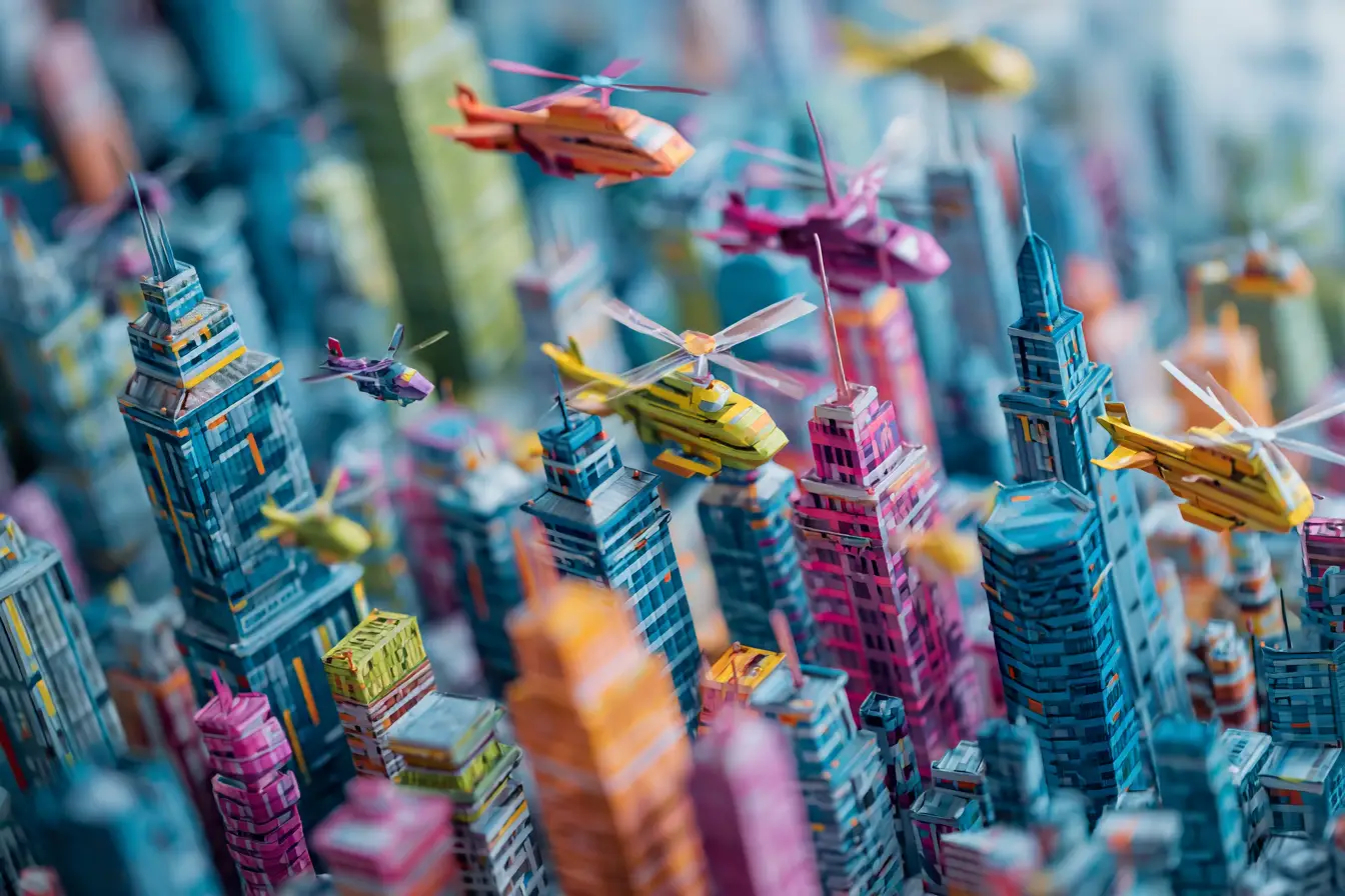 Origami futuristic cityscape with flying vehicles in miniature view