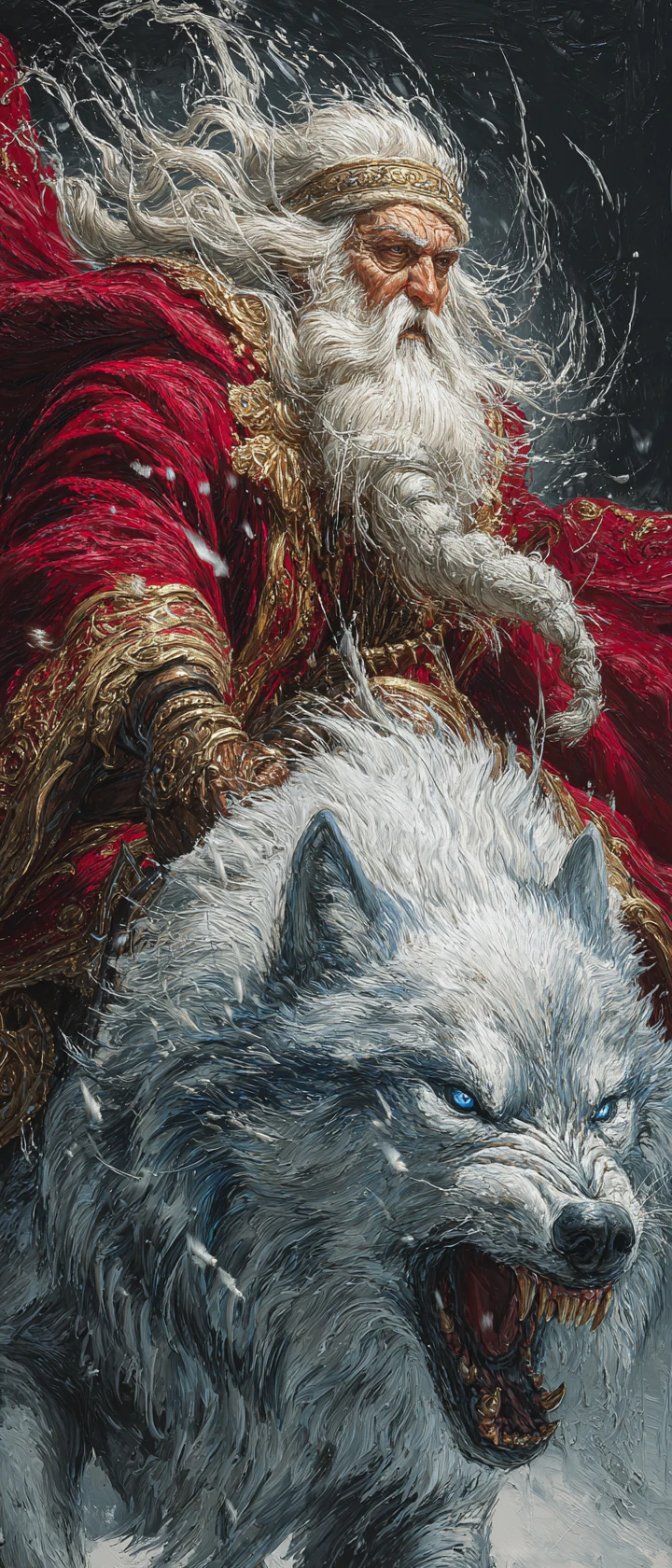 Legendary armored Santa warrior with dire wolf companion