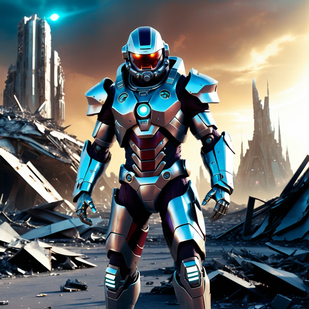 Guerrier cyborg devant un vaisseau spatial d’astronaute en ruines
