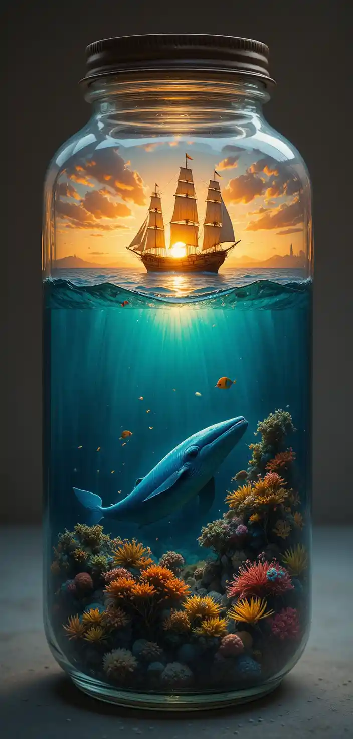 Sailing ship at sunset above an underwater world in a jar