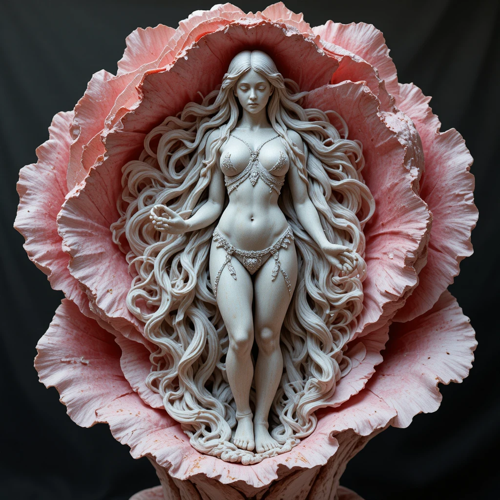 Steinstatue eines langhaarigen Mädchens in einer Rose