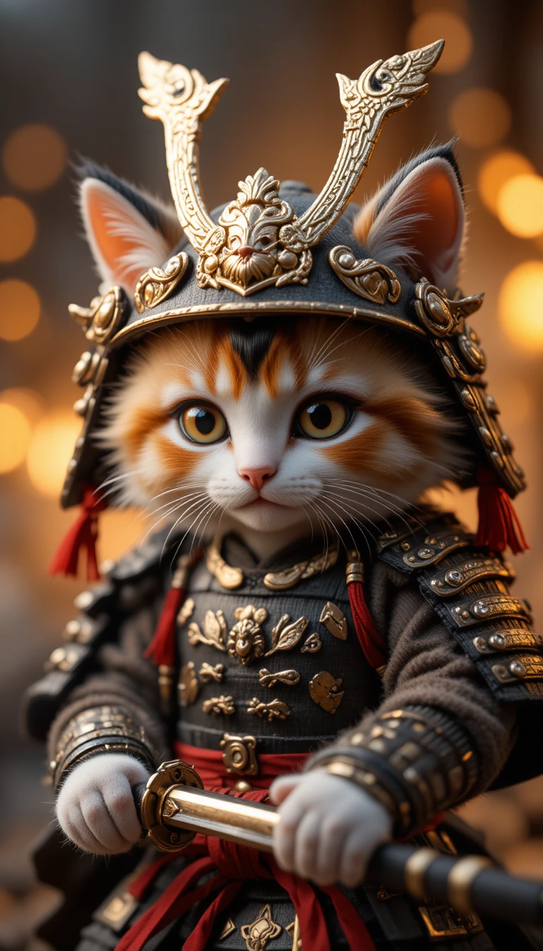 Samurai kitten in ornate armor with glowing cinematic sparks