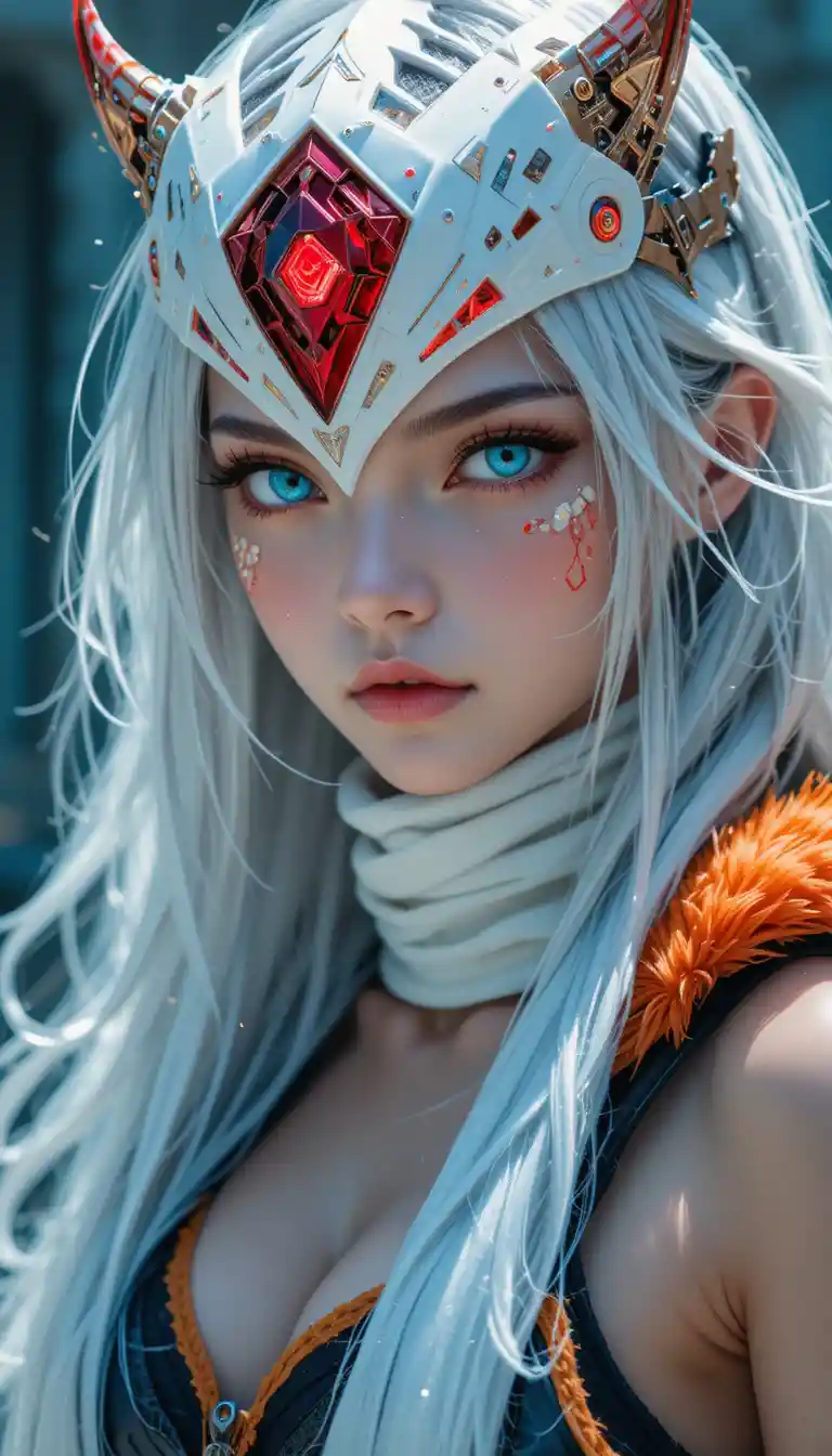 Ragazza anime dai capelli argento con maschera cibernetica rossa