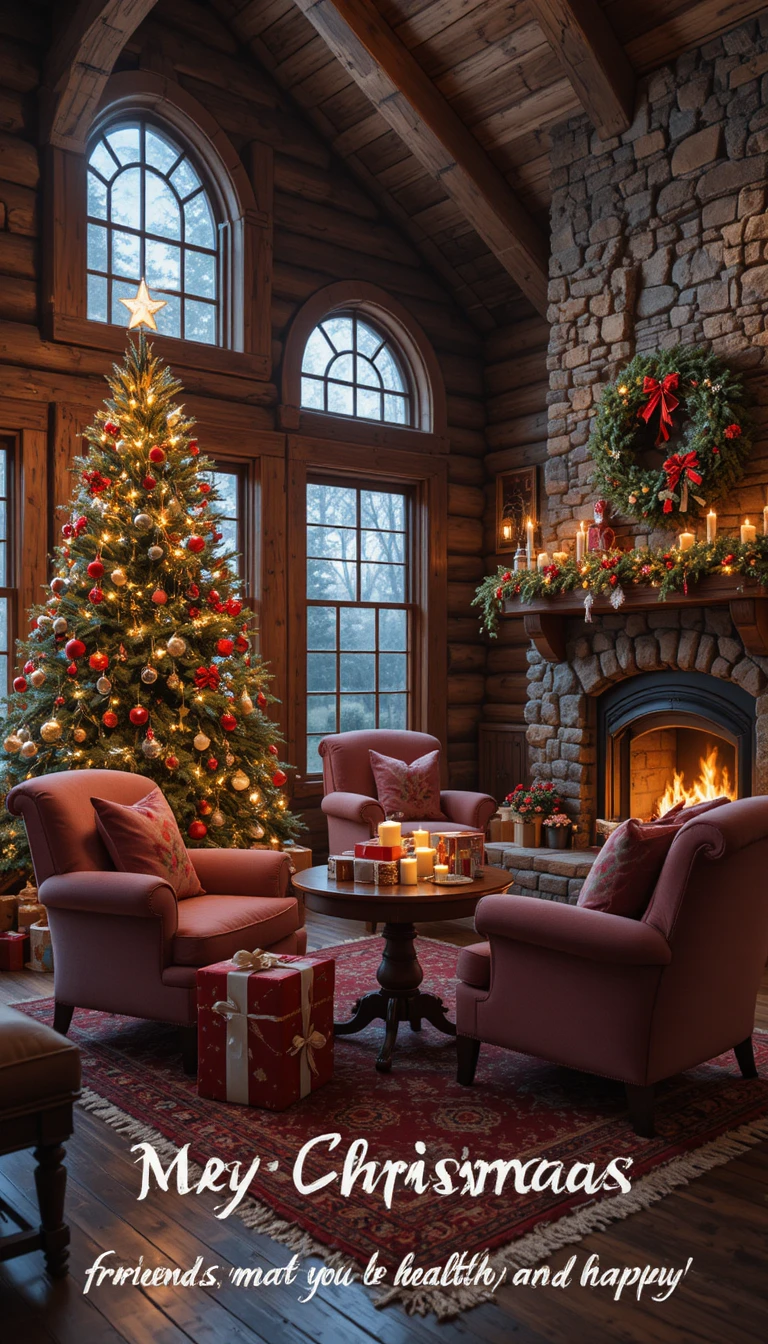 Cozy rustic living room with glowing Christmas tree and fire
