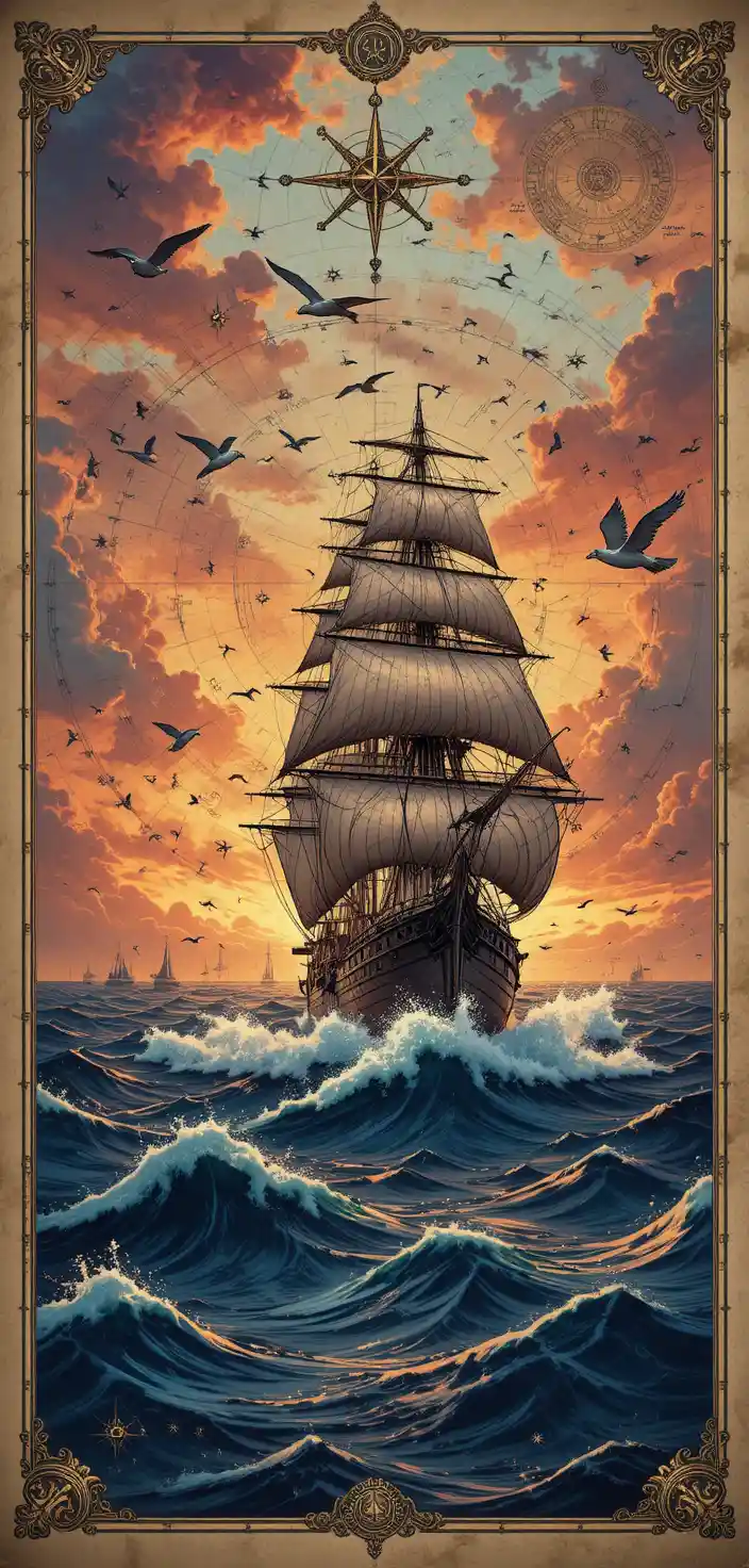 Antique maritime chart with ship in stormy sunset seas