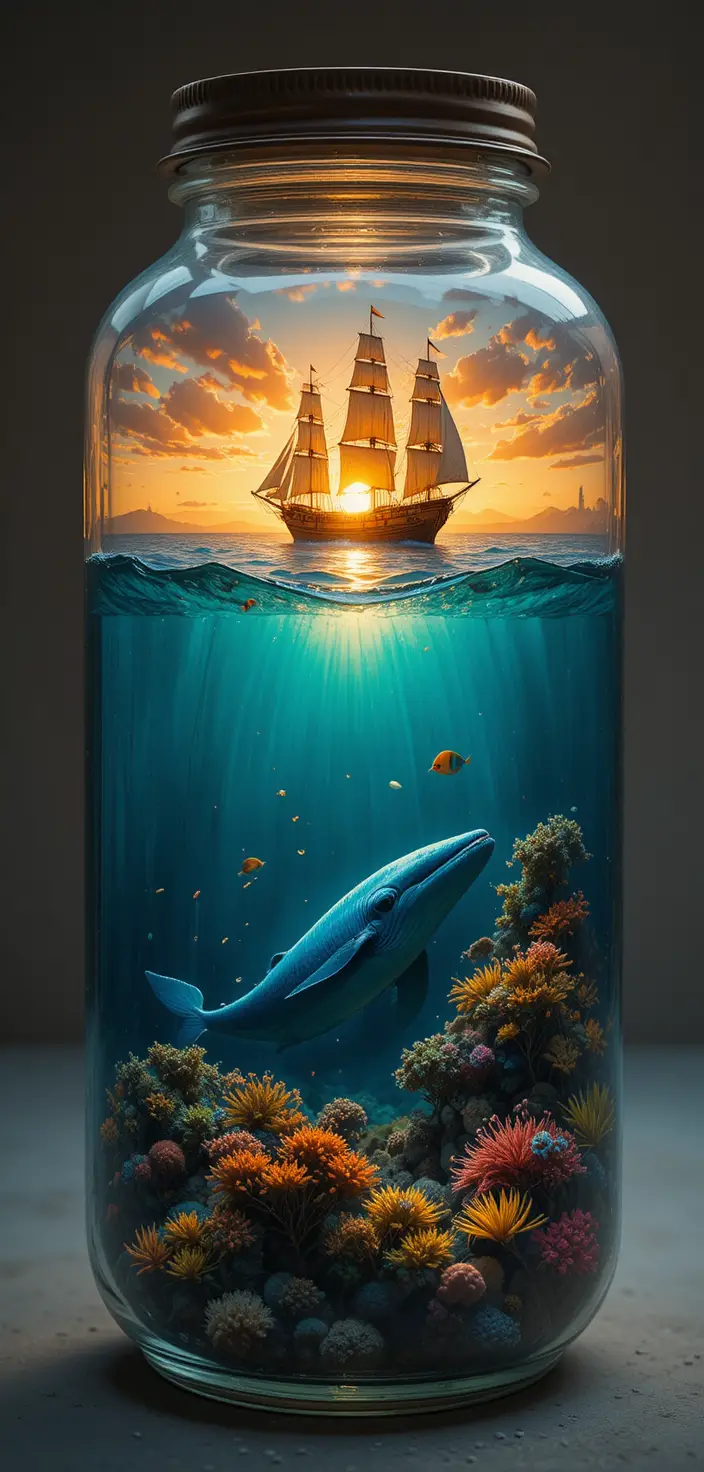 Segelschiff bei Sonnenuntergang über einer Unterwasserwelt im Glas