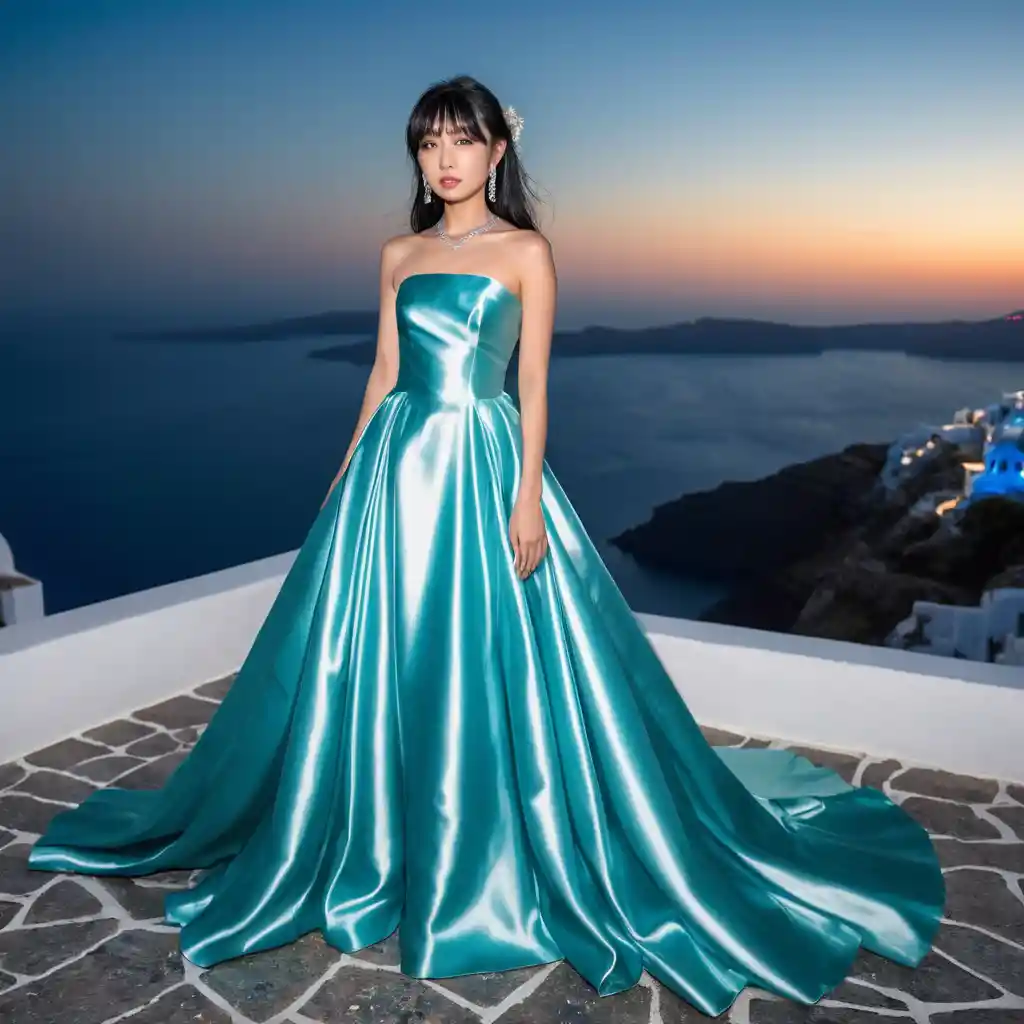 Elegante Frau im Satinkleid bei Nacht auf Santorin