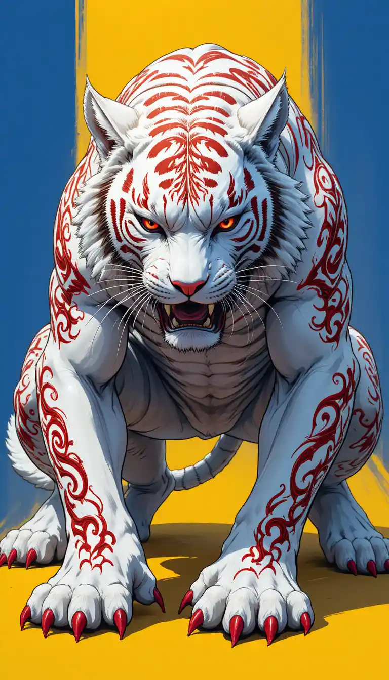 Tigre blanc avec tatouages tribaux rouges sur fond jaune