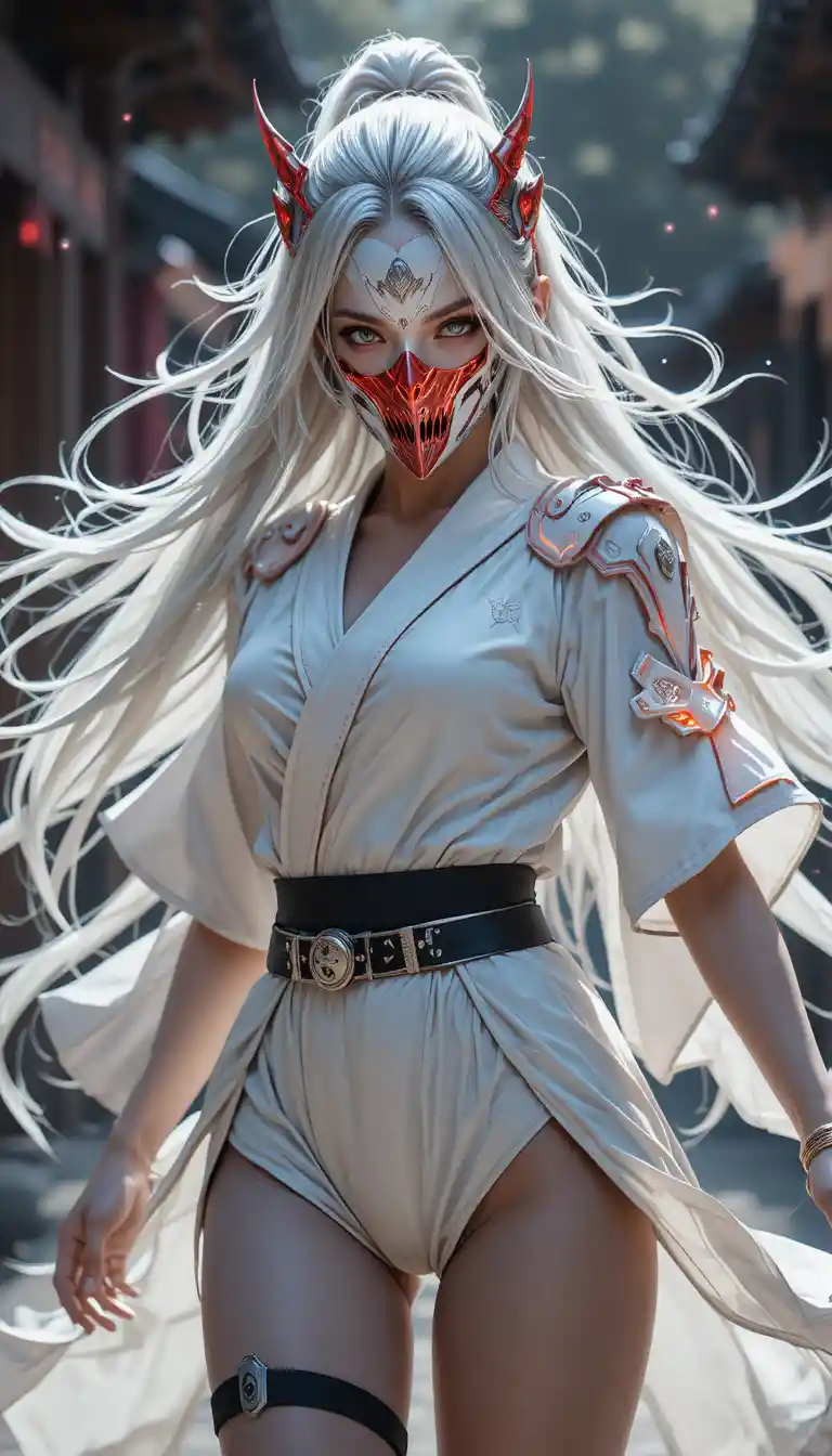 Cybernetic oni masked anime girl in dynamic battle pose