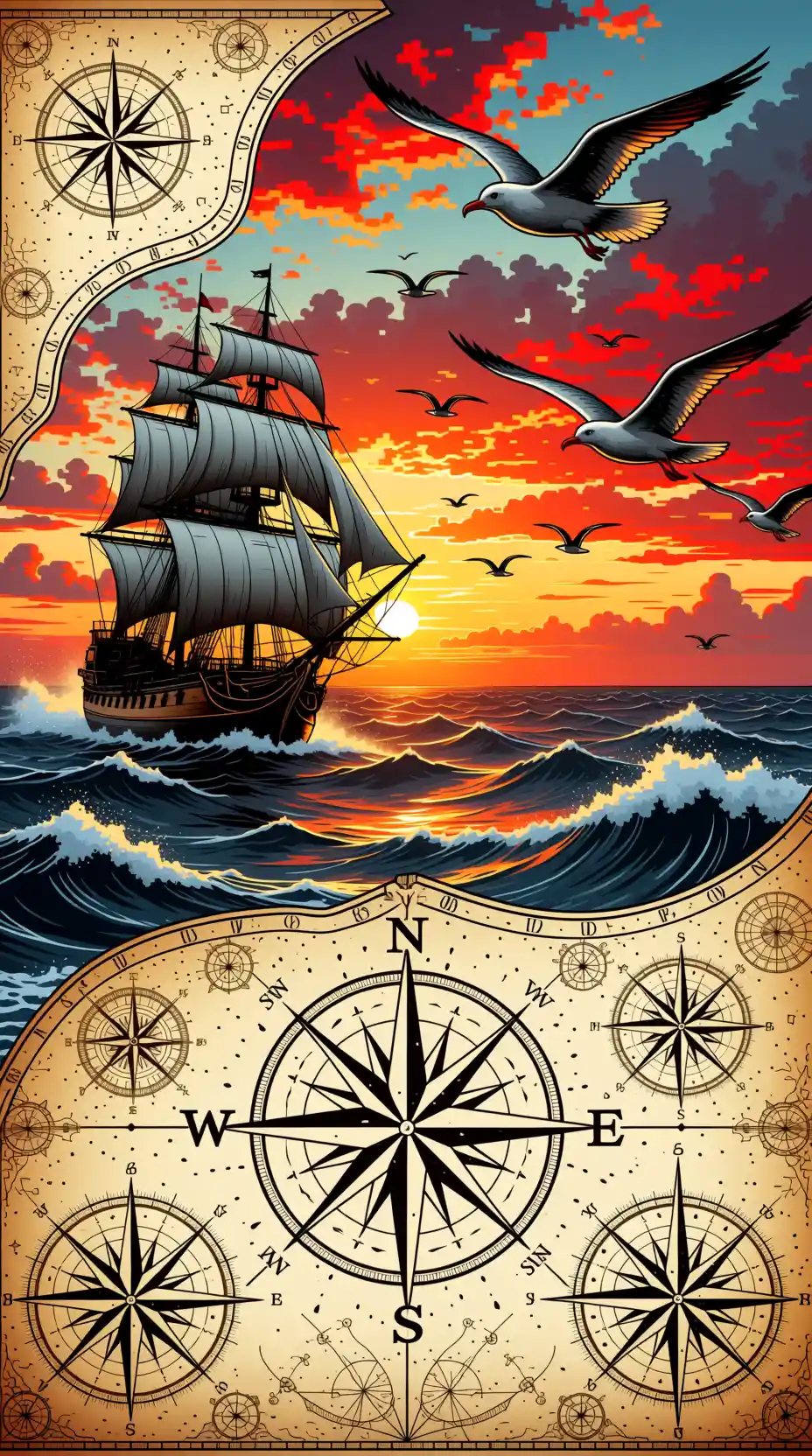 Antique maritime chart with ship in stormy sunset sea
