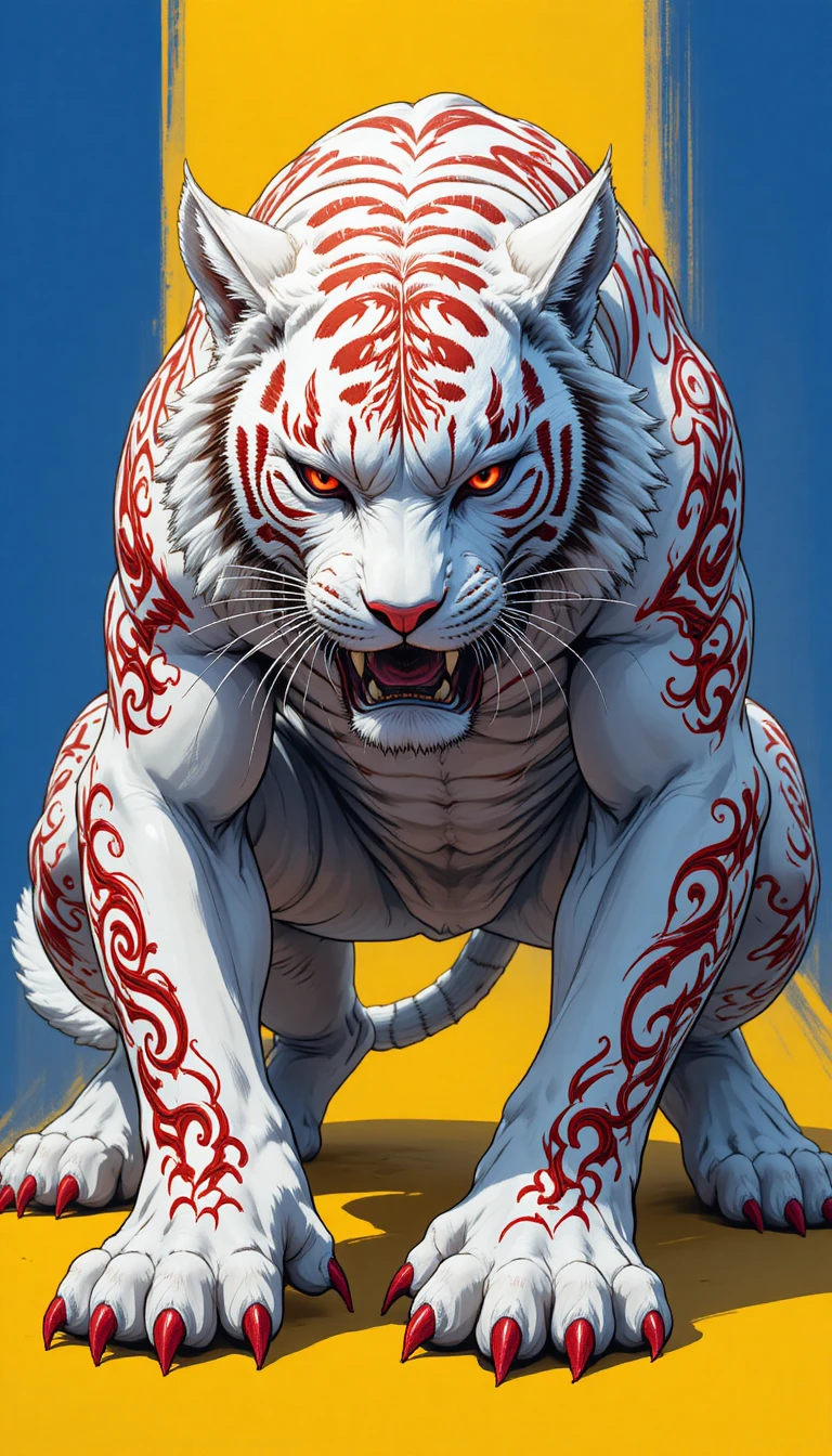 Tigre blanc avec tatouages tribaux rouges sur fond jaune