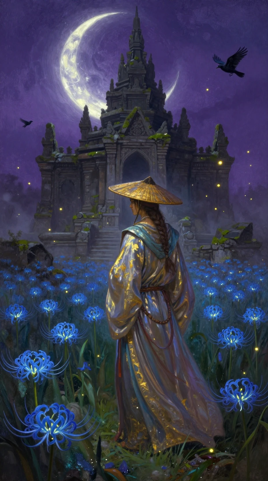 Lone traveler among glowing blue lilies beneath crescent moon