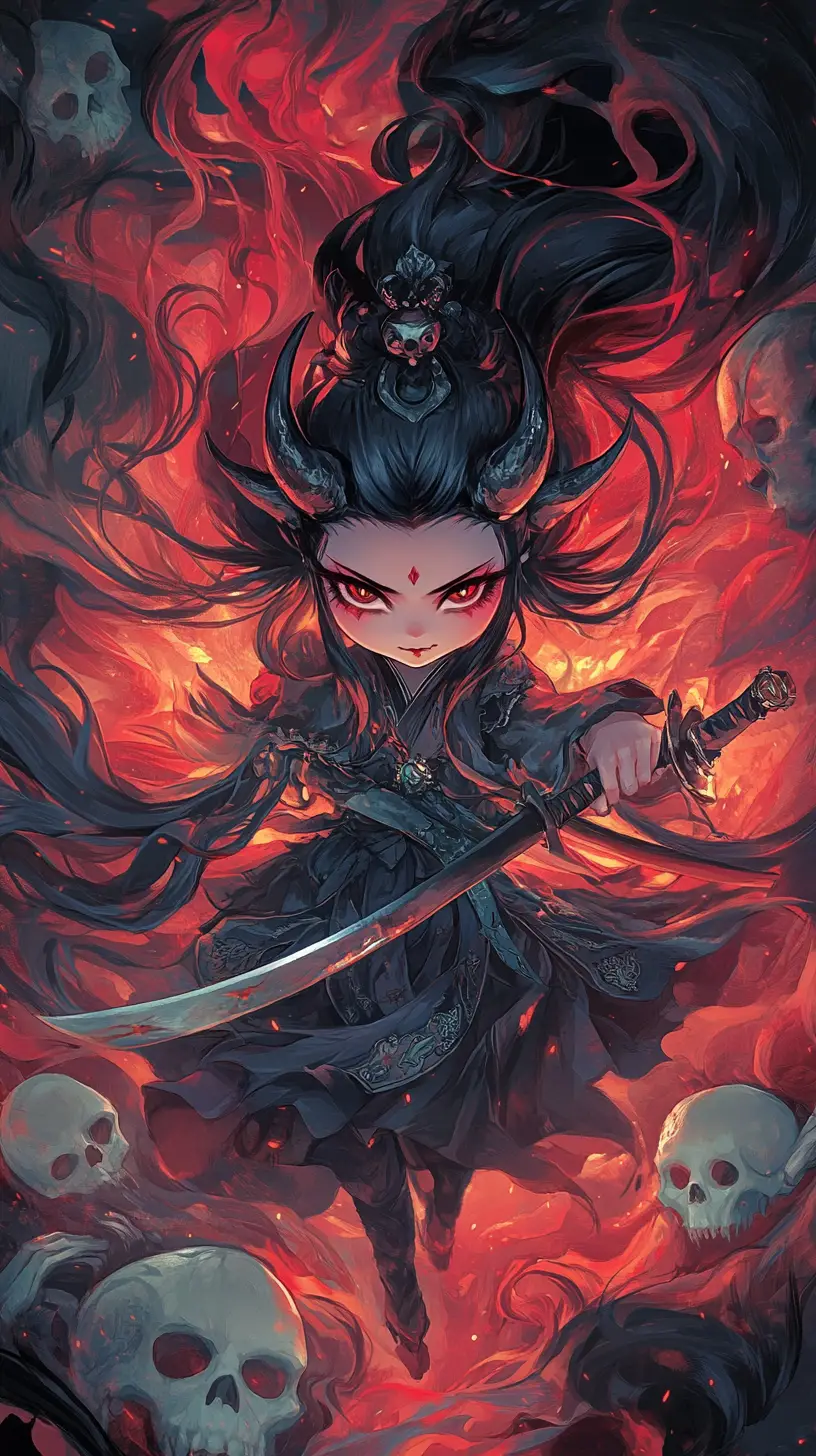 Chibi demon girl wielding twin katanas in swirling smoke