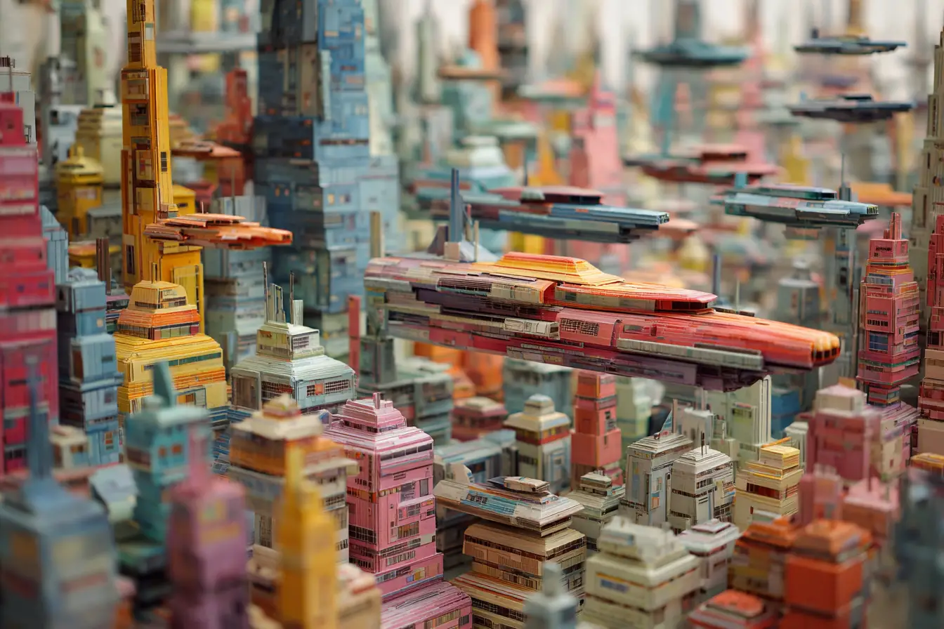 Origami futuristic cityscape with flying vehicles in miniature view