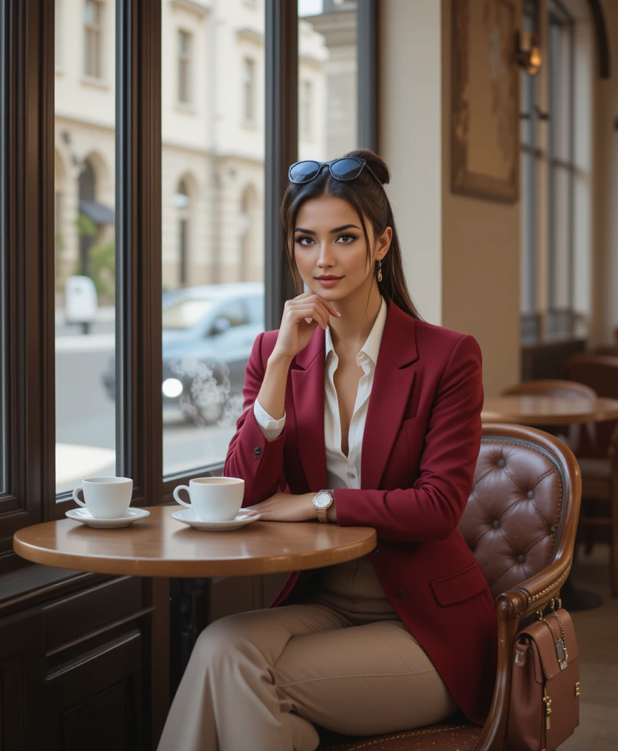 Elegant woman in red blazer at window cafe table