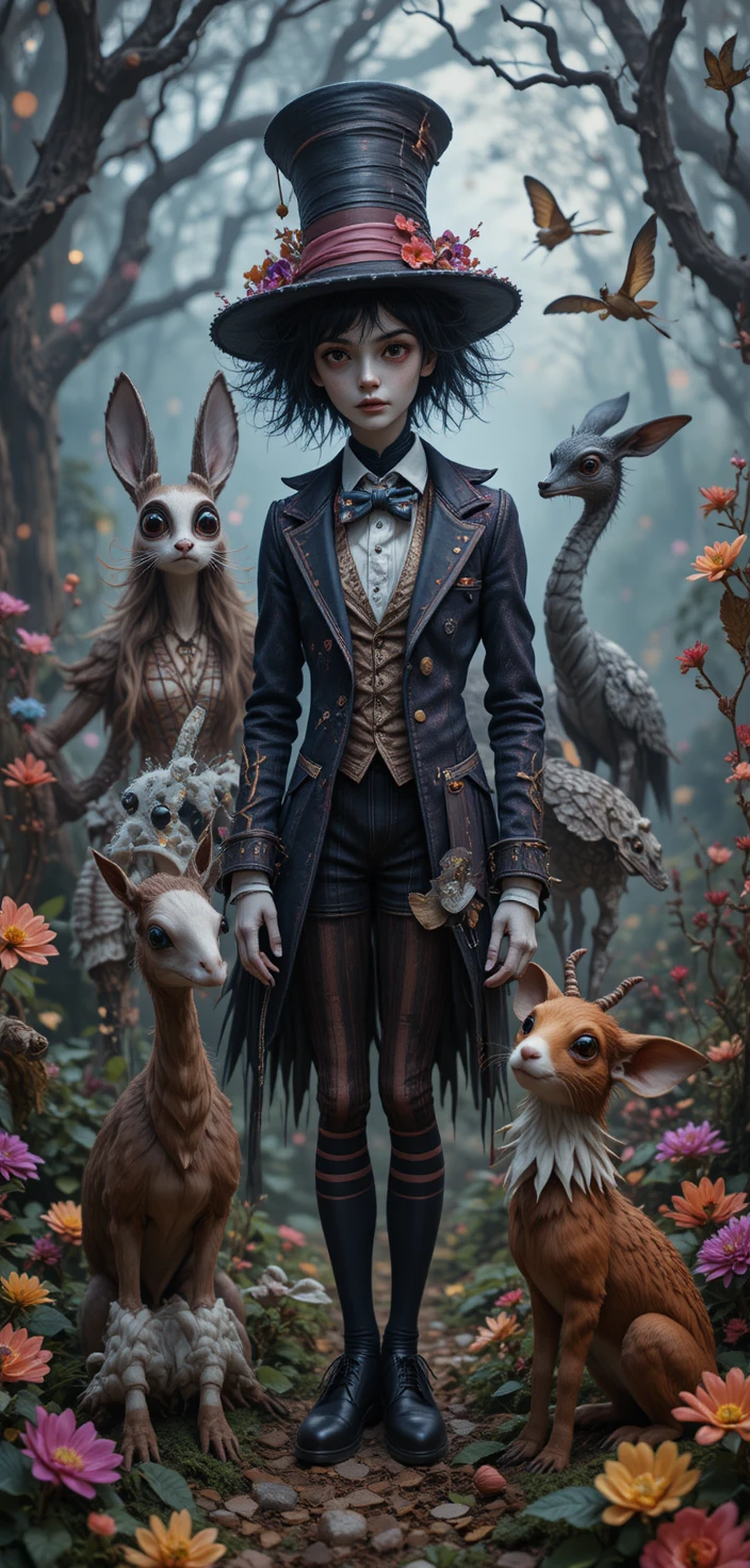 Colorful whimsical fantasy creatures in an enchanted retro scene
