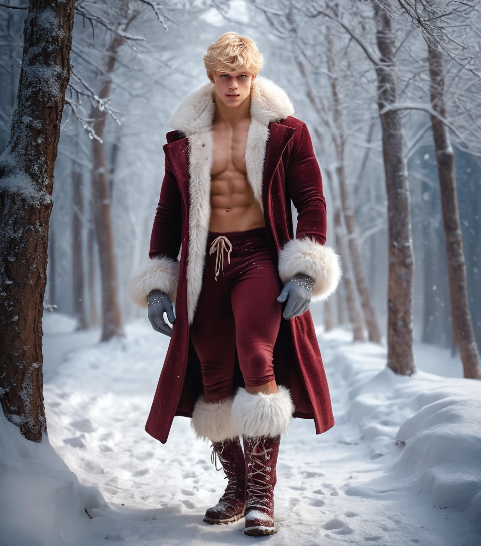 Blond young man walking in a snowy winter forest
