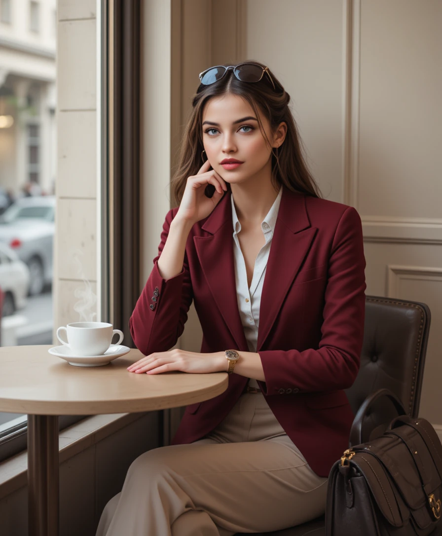 Elegant woman in red blazer at window cafe table