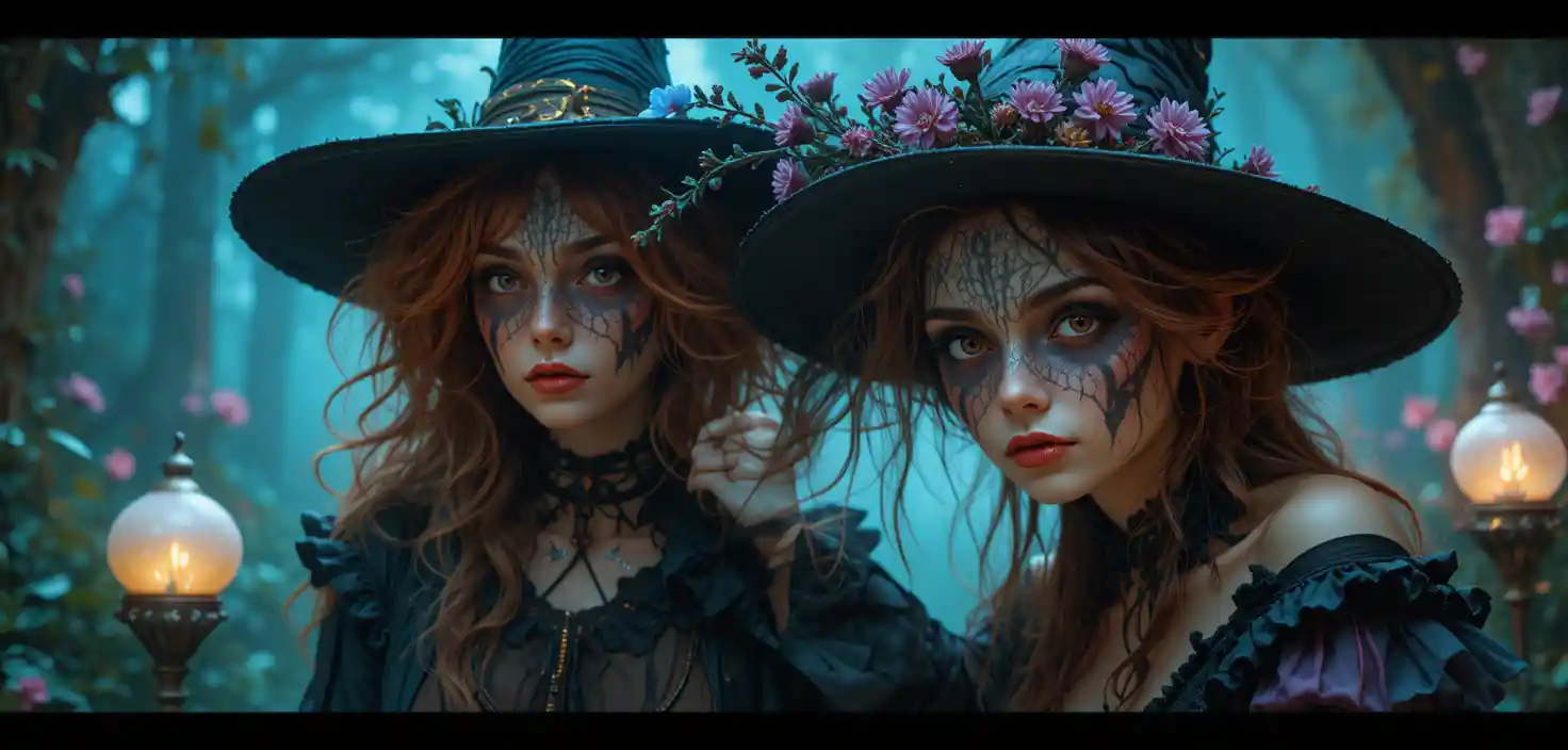 Colorful whimsical characters in an enchanted wonderland scene