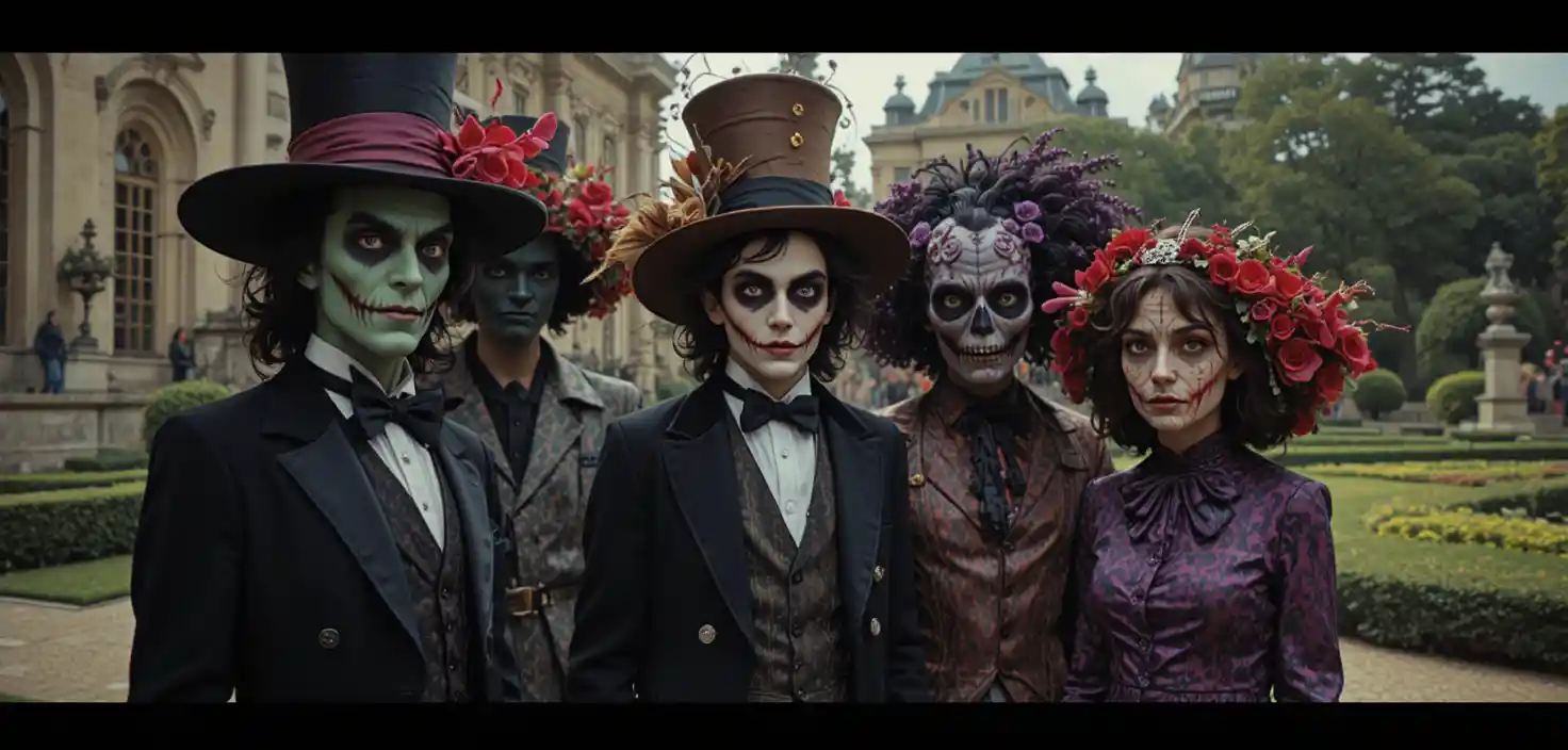 Whimsical gothic characters in a colorful versailles garden
