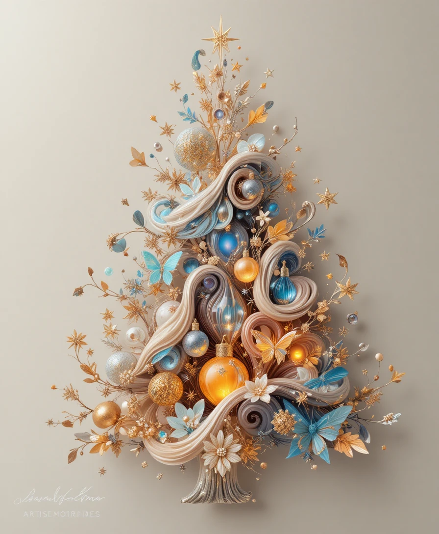 Glowing Abstract Christmas Tree Of Hearts And Snowflakes