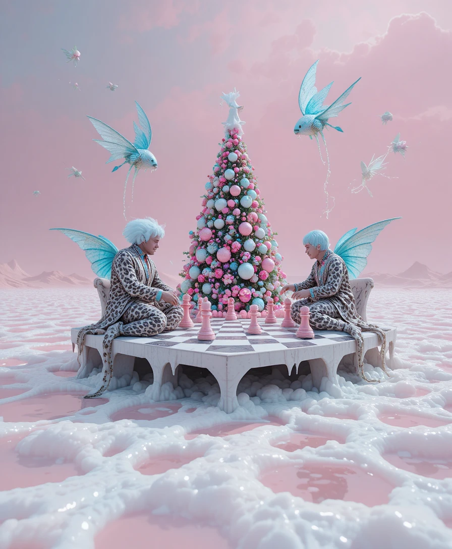 Surreal Christmas tree floating on a pink chessboard sea