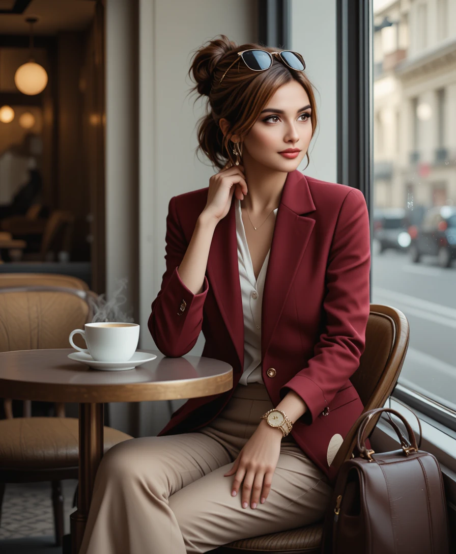 Elegant woman in red blazer at window cafe table