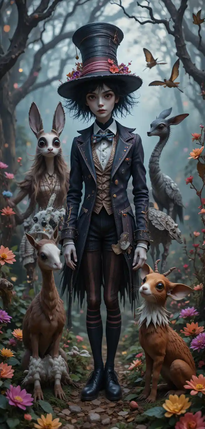 Colorate e stravaganti creature fantasy in una scena retrò incantata