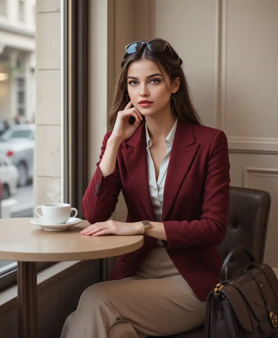 Femme élégante en blazer rouge à une table de café près de la fenêtre