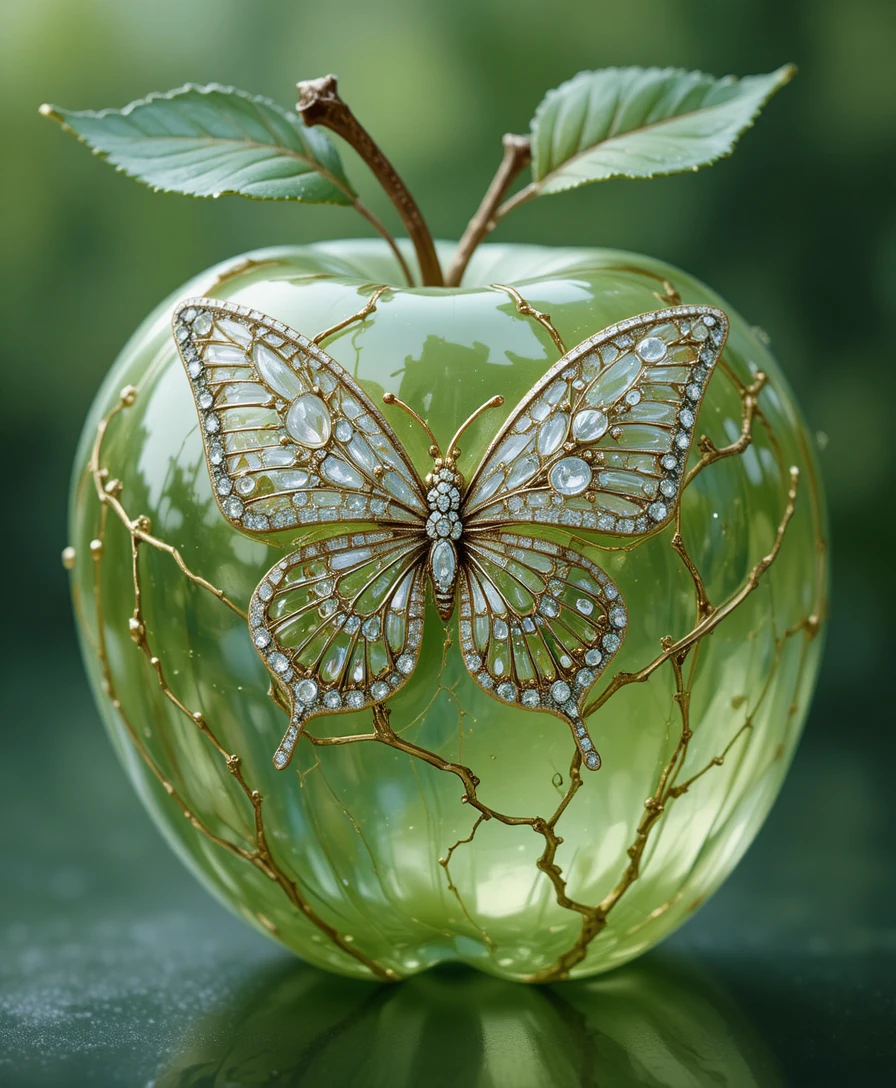Gem encrusted white butterfly on a green crystal apple