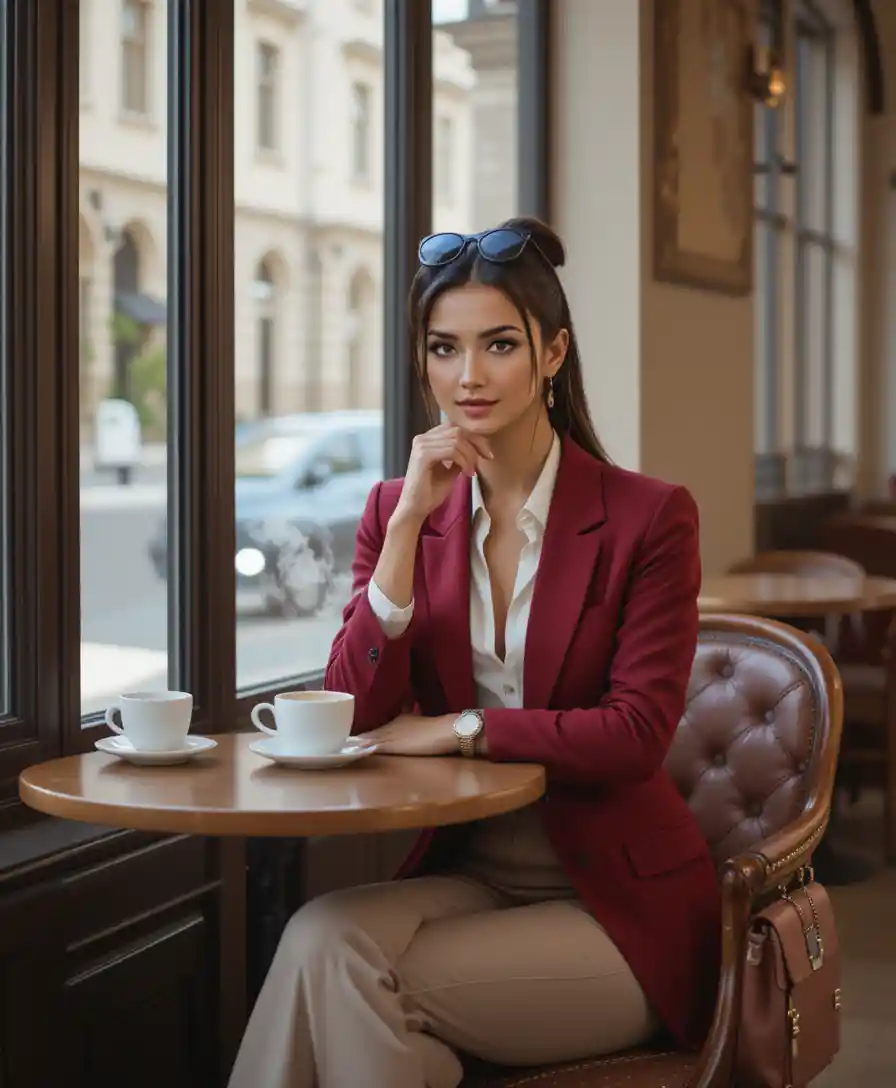 Elegant woman in red blazer at window cafe table