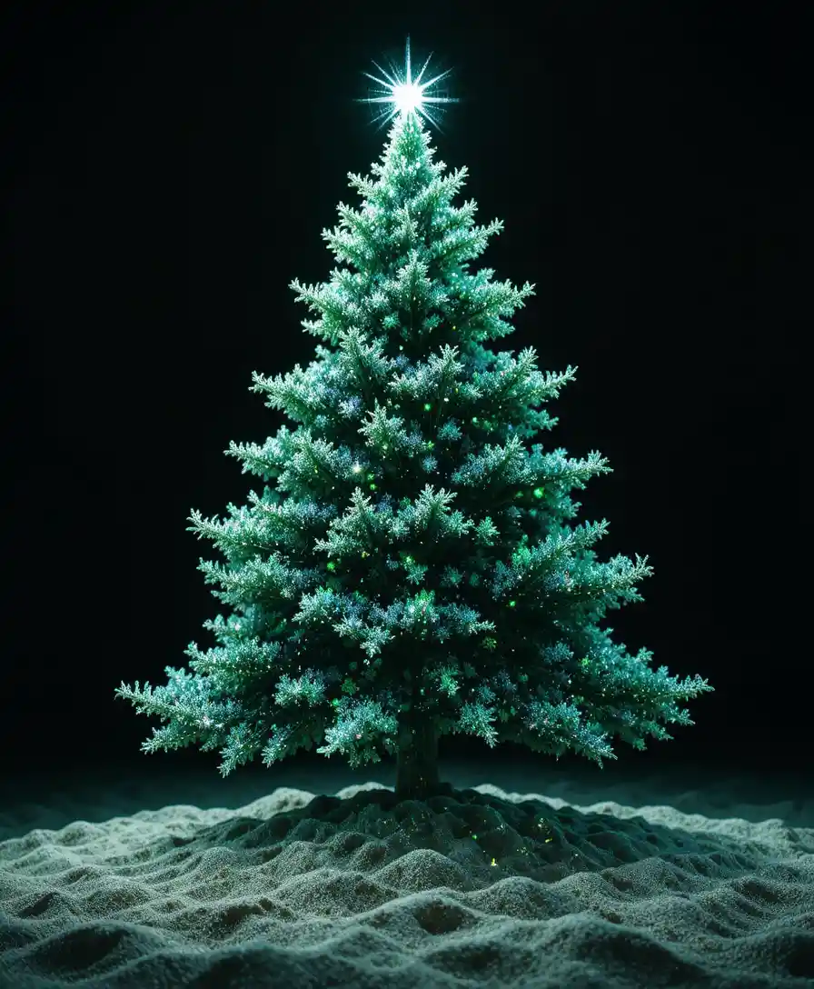 Leuchtender abstrakter Weihnachtsbaum in holografischem Grün im Detail
