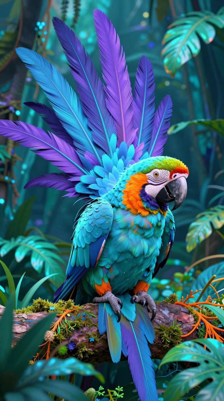 Surreal neon parrot with flowing tail in iridescent jungle