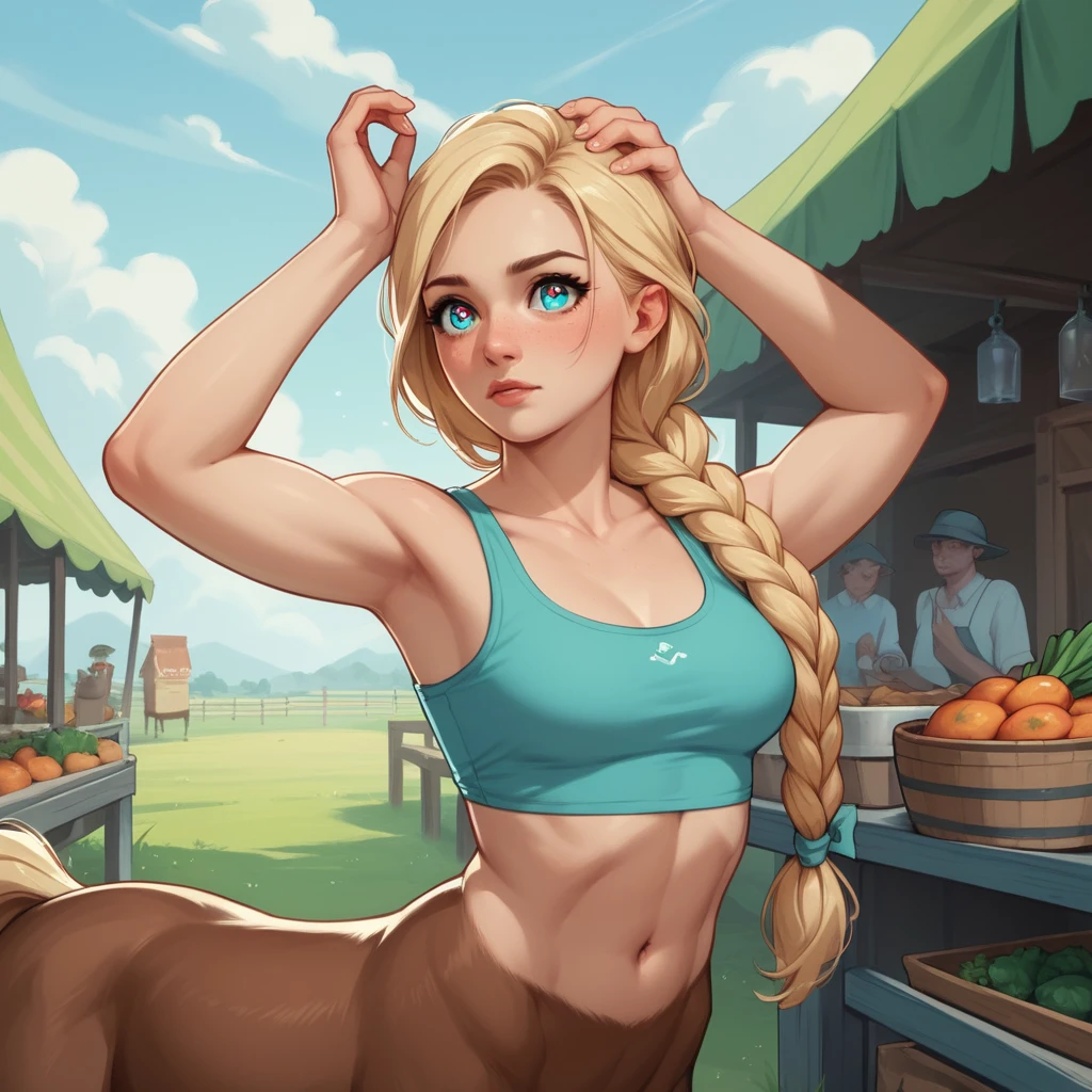 Confident centaur woman at a colorful farmers market stand