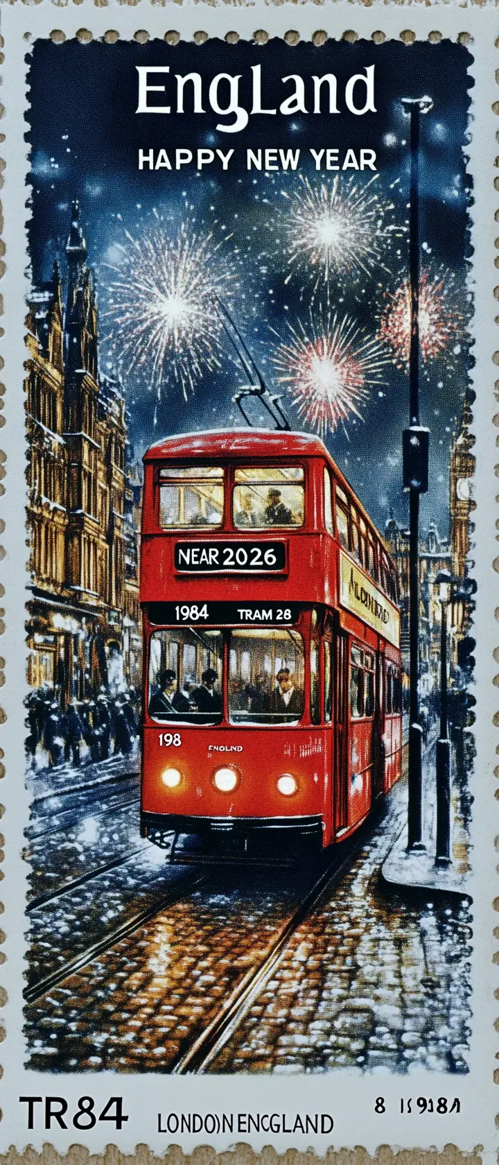 Vintage postage stamp with red tram on london street