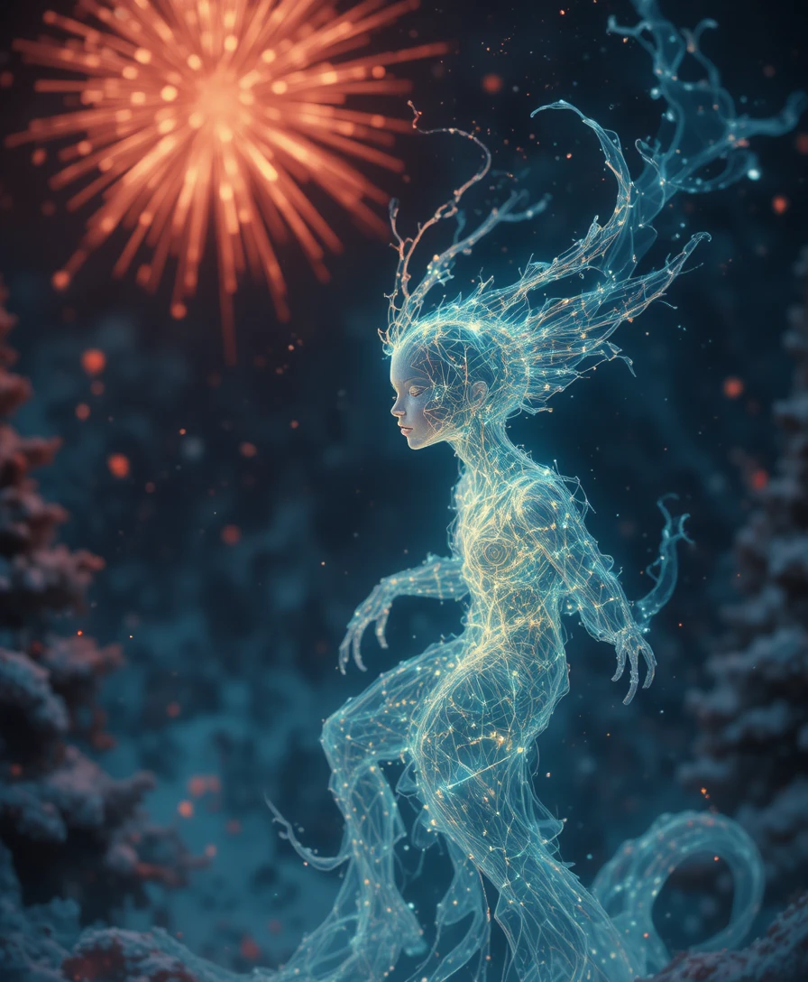 Mythical creature in a glowing Soviet New Year night city