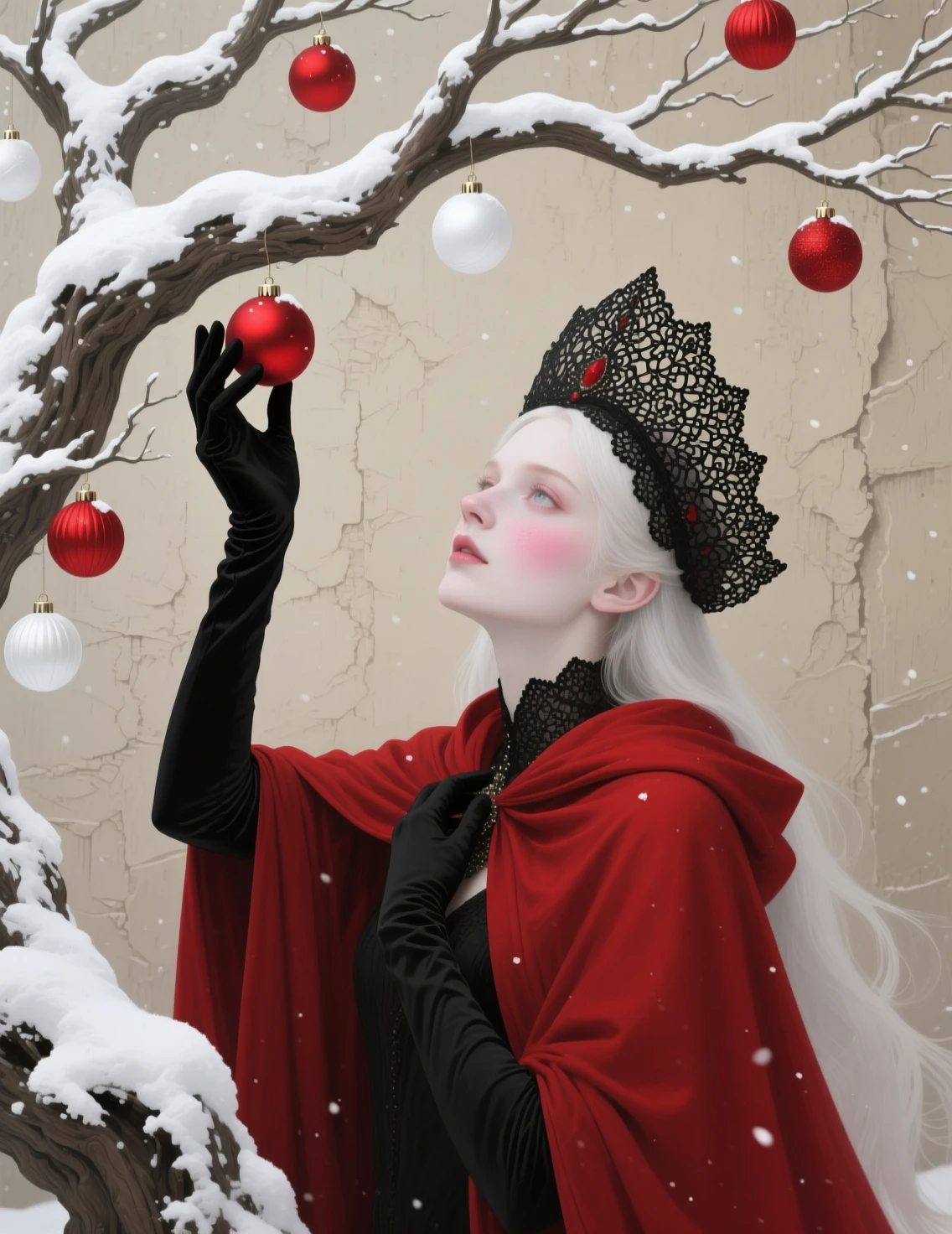 Woman in red cloak reaching for baubles on snowy branch