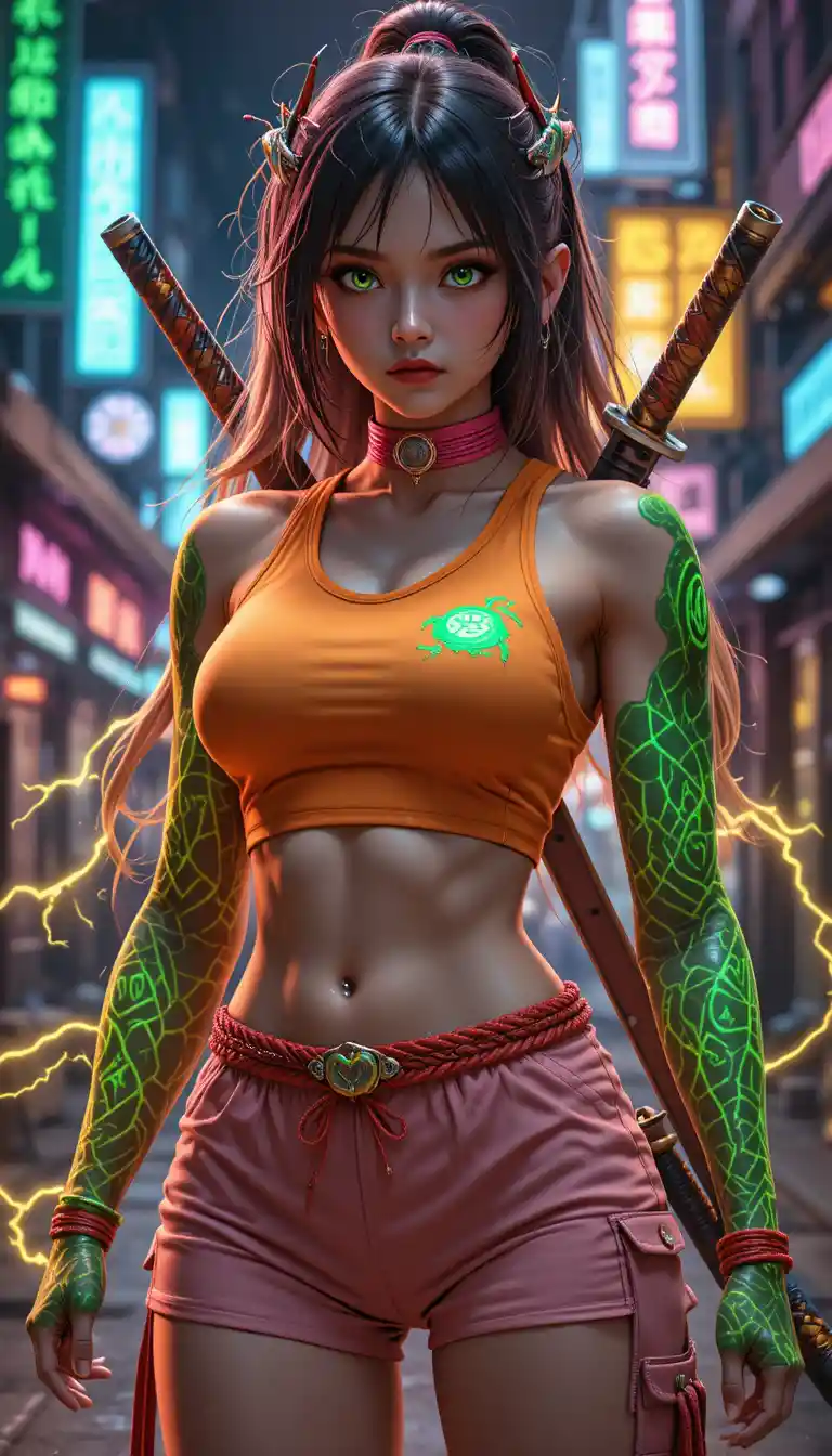 Guerreira de anime com cabelo de cobra na noite de cidade neon