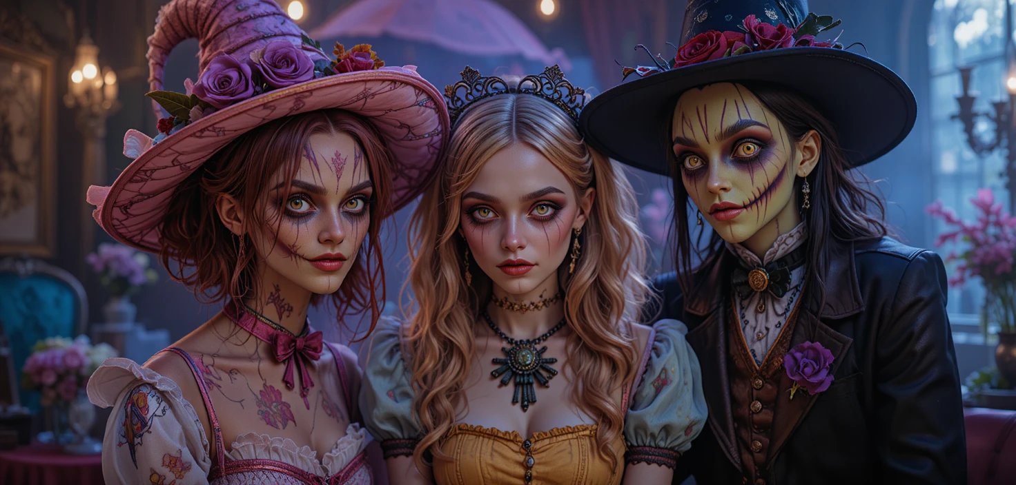 Colorful whimsical characters in an enchanted retro fantasy world
